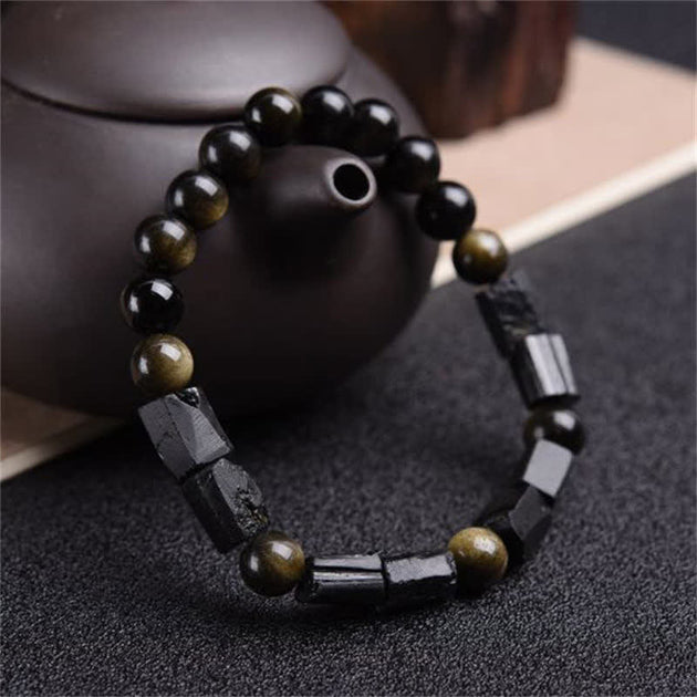 Buddha Stones Gold Sheen Obsidian Black Tourmaline Wealth Bracelet ...