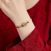Buddhastoneshop Natural Hetian Jade Pearl Peace Buckle Luck Bracelet