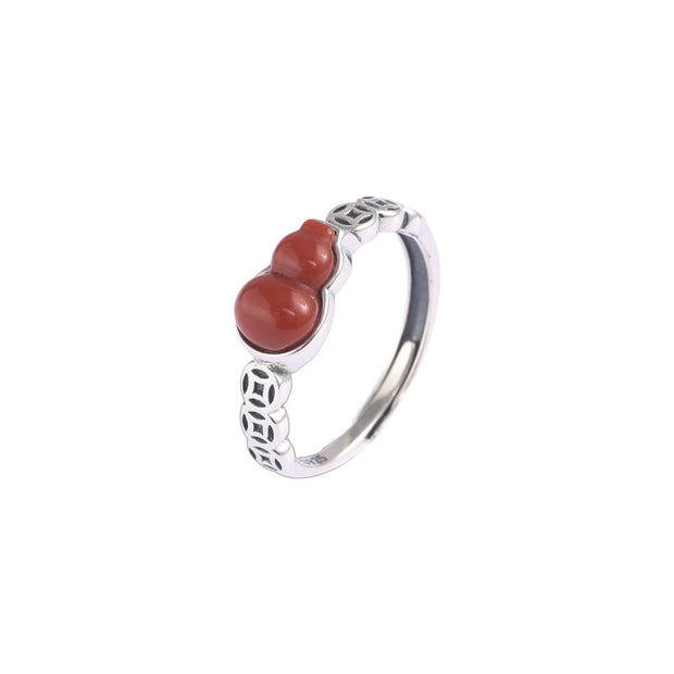 Buddha Stones 925 Sterling Silver Red Agate Gourd Copper Coin Self-acceptance Ring