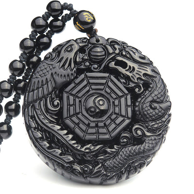 Buddha Stones Bagua Dragon Phoenix Obsidian Fulfilment Pendant Necklace Necklaces & Pendants BS Obsidian