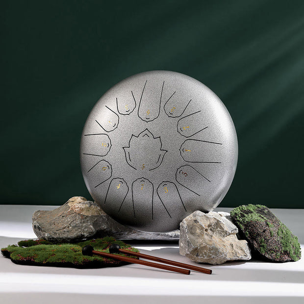 Buddha Stones Steel Tongue Drum Sound Healing Mindfulness Lotus Pattern Yoga Drum Kit 13 Note 12 Inch Percussion Instrument Tongue Drum BS Silver