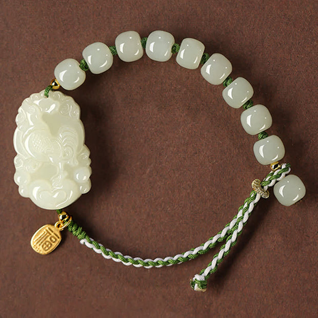 Buddha Stones 925 Sterling Silver Chinese Zodiac Hetian Jade Happiness Luck String Bracelet Bracelet BS Rooster