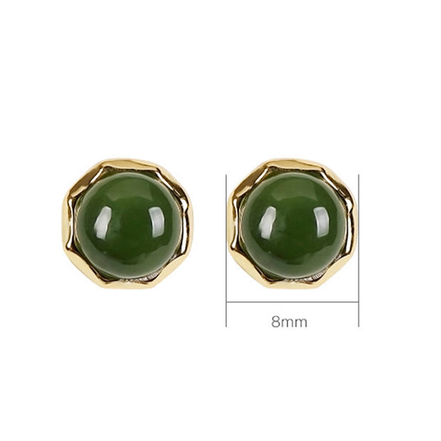 Buddha Stones 925 Sterling Silver Plated Gold Natural Hetian Cyan Jade Bead Luck Stud Earrings Earrings BS 7