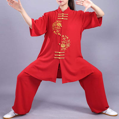Buddha Stones Flowers Blossom Embroidery Meditation Prayer Spiritual Zen Tai Chi Qigong Practice Unisex Clothing Set