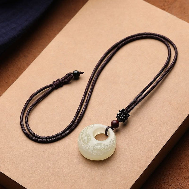 Buddha Stones White Jade Double Koi Fish Carved Prosperity Success Necklace Pendant Necklaces & Pendants BS White Jade&Simple Design Rope