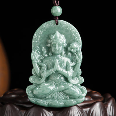 Buddha Stones Four-armed Avalokitesvara Natural Jade Amulet Blessing String Necklace Necklaces & Pendants BS AVALOKITESVARA SYMBOL (Wealth ♥ Success)