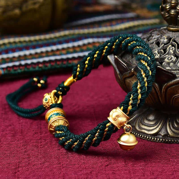 Buddha Stones Tibetan Handmade Luck Protection Thangka Prayer Wheel Bell Charm Braid String Bracelet Bracelet BS Black(Wrist Circumference 14-19cm)
