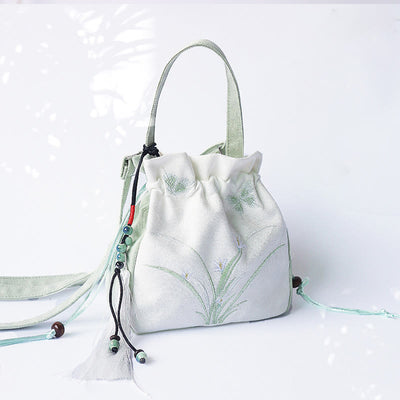Buddha Stones Handmade Embroidered Flowers Canvas Tote Shoulder Bag Handbag Bag BS Green White Grass