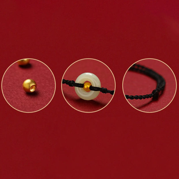 Buddha Stones 999 Gold Bead Round Peace Buckle Hetian Jade Luck Abundance Braided Bracelet Anklet Bracelet BS 9