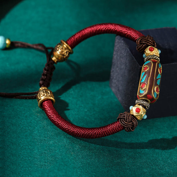 Buddha Stones Handmade Tibetan Turquoise Om Mani Padme Hum Strength Braided Bracelet Bracelet BS Dark Red(Bracelet Size 15+10cm)