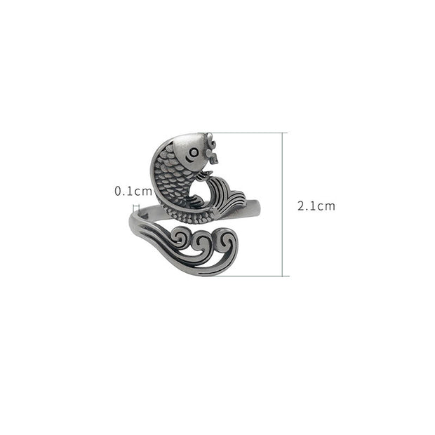 Buddha Stones 925 Sterling Silver Koi Fish Water Ripple Luck Wealth Ring Ring BS 15