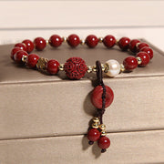 Buddha Stones Natural Cinnabar Peace Buckle Copper Coin Charm Blessing Bracelet