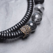 Buddha Stones Black Rutilated Quartz Ebony Wood Copper Wisdom Couple Bracelet Bracelet BS 9