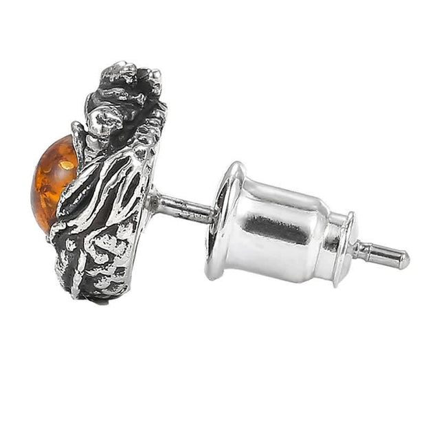 Buddha Stones 925 Sterling Silver Natural Amber Dragon Success Protection Stud Earring Earrings BS 7