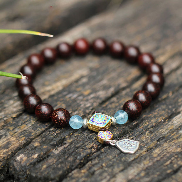 Buddha Stones 925 Sterling Silver Indian Small Leaf Red Sandalwood Aquamarine Full of Gold Star Chinese Knotting Blessing Bracelet