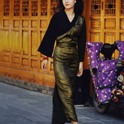 Buddha Stones Tibetan Dress Clothing Lhasa Gold Black Long Wrap Dress Maxi Dress Women Clothing
