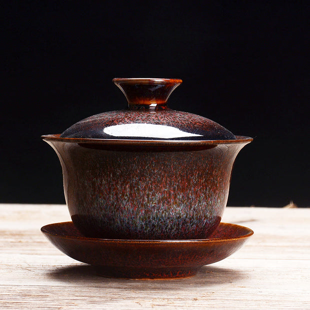 Buddha Stones Vintage Kiln Change Design Ceramic Gaiwan Sancai Teacup Kung Fu Tea Cup And Saucer With Lid