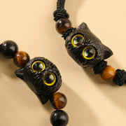 Buddha Stones Cute Ebony Wood Cat Head Pattern Peace Bracelet