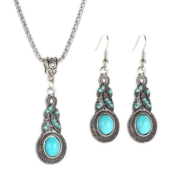 Buddha Stones Vintage Blue Rhinestones Inlaid Turquoise Stone Love Dangle Earrings Necklace Earrings BS 13