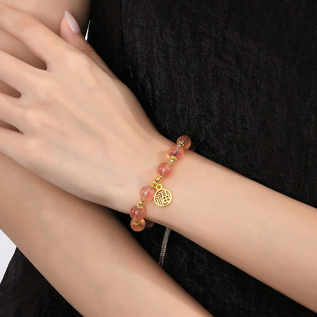 Buddha Stones 14K Gold Plated Natural Strawberry Quartz Fu Character Positive Charm Bracelet Bracelet BS 4