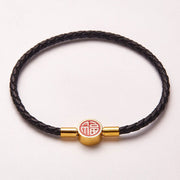 Buddha Stones Fu Character Blessing Fortune Leather Buckle Bracelet Bracelet BS Black 21cm