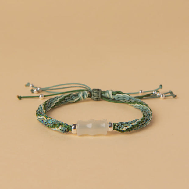 Buddha Stones White Jade Bamboo Reincarnation Knot Wealth Luck Strength String Bracelet Bracelet BS Green&White(Wrist Circumference 14-18cm)