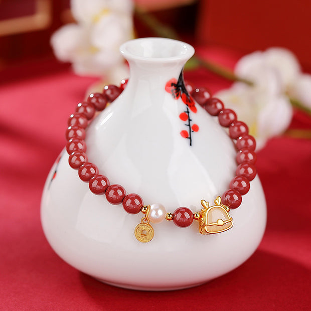 ❗❗❗A Flash Sale- Buddha Stones 925 Sterling Silver Year of the Dragon Natural Cinnabar Hetian White Jade Copper Coin Blessing Bracelet Bracelet BS Red Cinnabar(Wrist Circumference 14-15cm) (A flash sale)