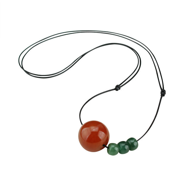 Buddha Stones Red Agate Green Aventurine Green Bodhi Seed Bead Calm Leather Rope Necklace Pendant