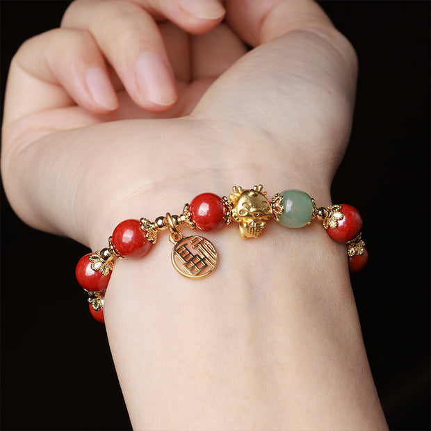 Buddha Stones Year of the Dragon Natural Cinnabar Fu Character Charm Blessing Bracelet