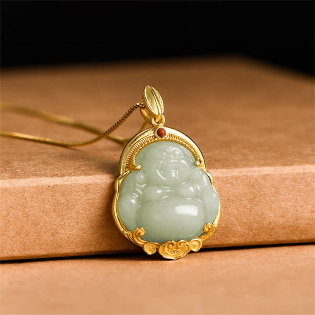 Buddha Stones 925 Sterling Silver Laughing Buddha Natural Hetian Jade Luck Prosperity Necklace Pendant Necklaces & Pendants BS 1