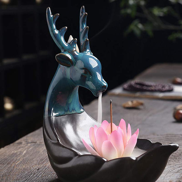 Buddha Stones Little Deer Ceramic Lotus Meditation Incense Burner Decoration Decorations Incense Burner BS 1