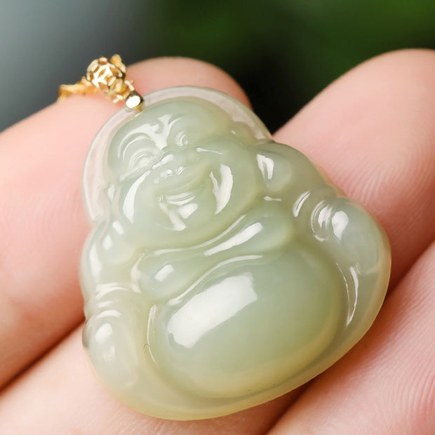 Buddha Stones 925 Sterling Silver Laughing Buddha Cyan Jade 18K Gold Success Necklace Pendant Necklaces & Pendants BS 2