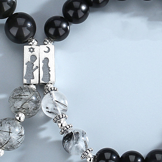 Buddha Stones 2pcs 925 Sterling Silver Obsidian Strength Magnetic Couple Bracelet