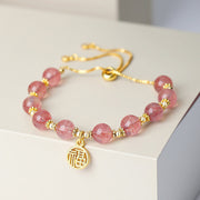 Buddha Stones 14K Gold Plated Natural Strawberry Quartz Fu Character Positive Charm Bracelet Bracelet BS 3