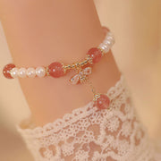 Buddha Stones Natural Pearl Strawberry Quartz Healing Cute Honey Bee Charm Bracelet Bracelet BS 1