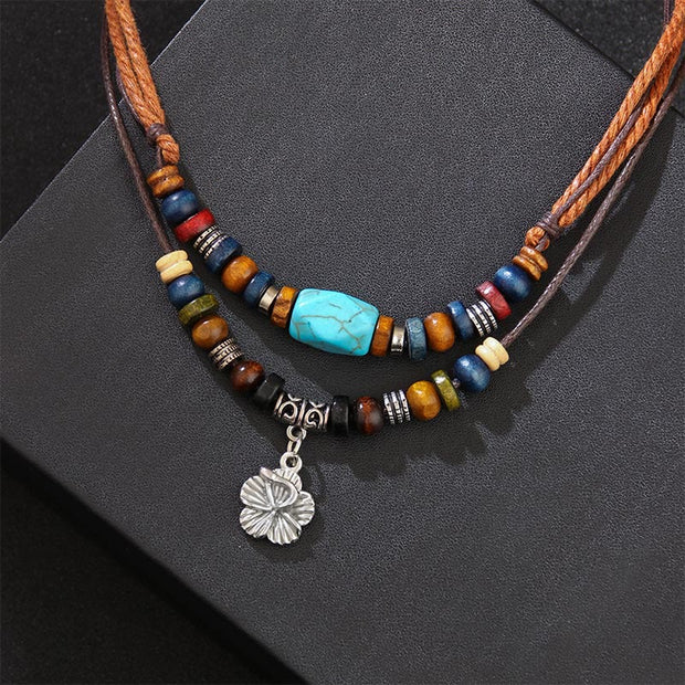Buddha Stones Turquoise Small Flower Protection Double Layer Necklace Pendant Bracelet Bracelet Necklaces & Pendants BS Small Flower Turquoise Necklace