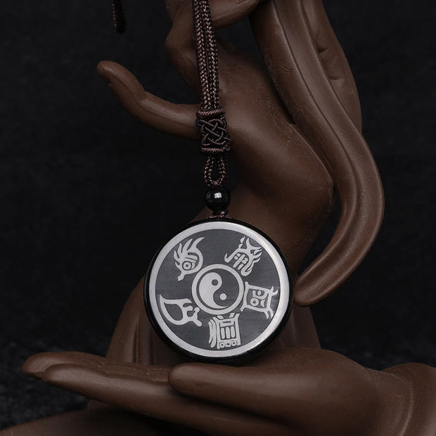 Buddha Stones Black Obsidian Taoism Five Sacred Mountains Nine-Character Mantra Carved Purification Yin Yang Necklace Pendant Necklaces & Pendants BS 9
