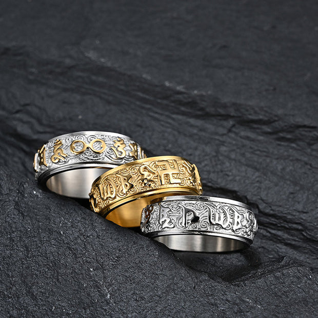 Buddha Stones Om Mani Padme Hum Balance Calm Titanium Steel Ring Rings BS 1