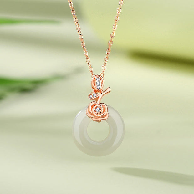 Buddha Stones 925 Sterling Silver Ginkgo Leaf Butterfly Rose Chalcedony Hetian Jade Peace Buckle Fu Character Harmony Necklace Pendant Necklaces & Pendants BS Rose Hetian Jade