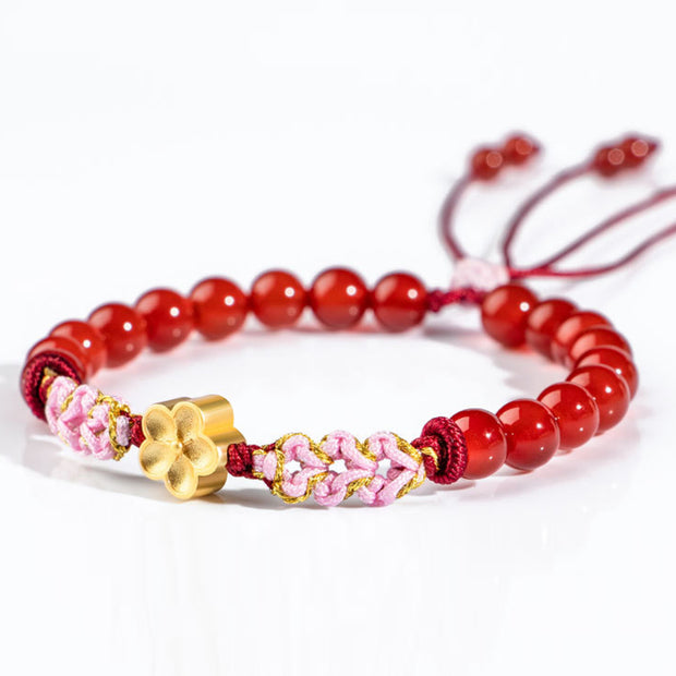 Buddha Stones 999 Sterling Silver Natural Red Agate Pink Crystal Cherry blossom Bracelet