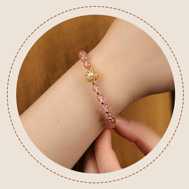 Buddha Stones 14K Gold Plated Natural Strawberry Quartz Labradorite Sun Stone Fu Character Positive Charm Bracelet Bracelet BS 2