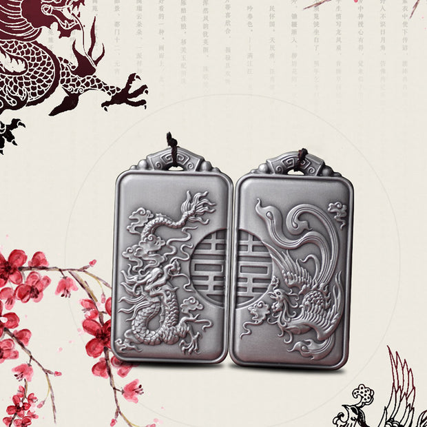 Buddha Stones 999 Sterling Silver Dragon Phoenix Double Happiness Luck Necklace Pendant