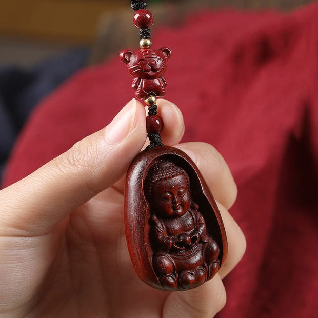 Buddha Stones Small Leaf Red Sandalwood Buddha Cinnabar Chinese Zodiac Amulet Protection Key Chain