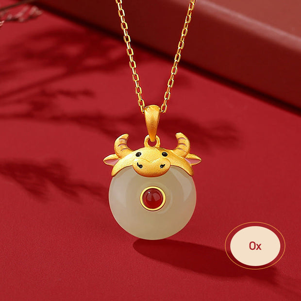 Buddha Stones 925 Sterling Silver Hetian Jade Chinese Zodiac Year of the Dragon Red Agate Luck Protection Necklace Pendant Necklaces & Pendants BS Ox