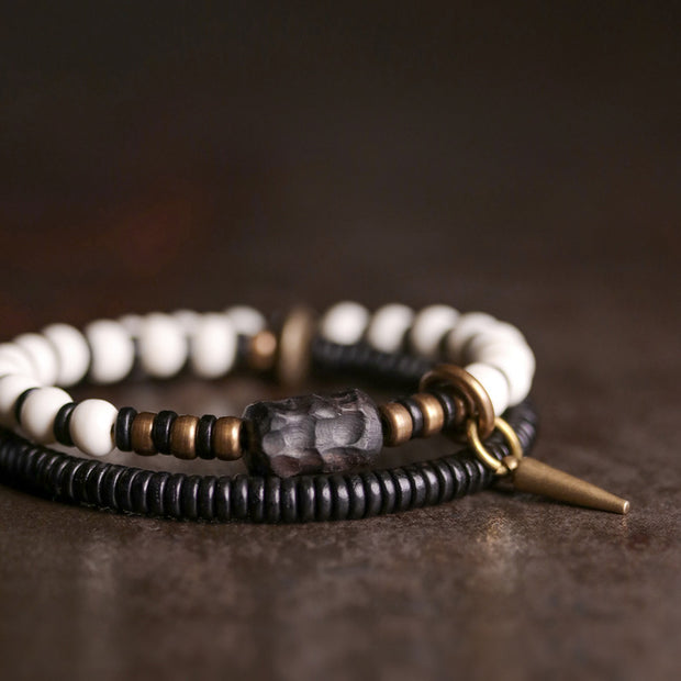 Buddha Stones Yak Bone Ebony Wood Copper Strength Couple Bracelet Bracelet BS 6