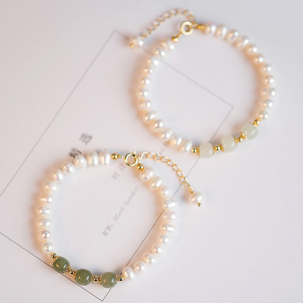 Buddha Stones 14K Gold Plated Natural Pearl Hetian Cyan Jade White Jade Sincerity Bead Chain Bracelet Bracelet BS 9