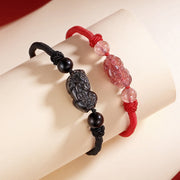 Buddha Stones Handmade Natural Silver Sheen Obsidian Strawberry Quartz PiXiu Protection Braided Bracelet