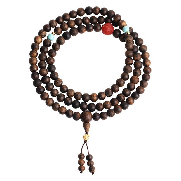 Buddha Stones 108 Mala Beads Agarwood Red Agate Turquoise Peace Meditation Bracelet Bracelet Mala BS 11