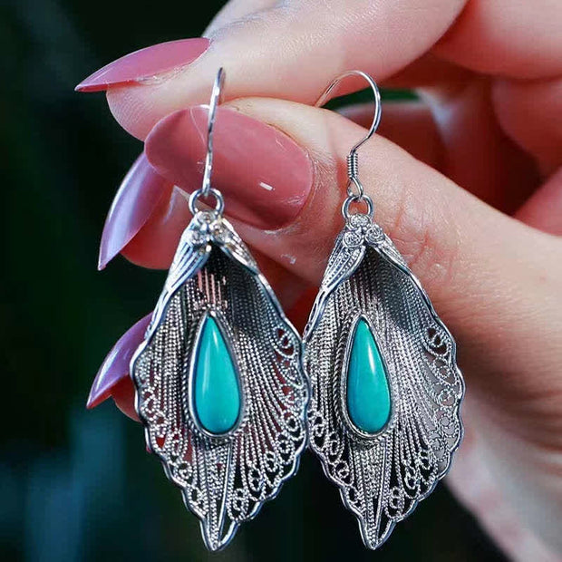 Buddha Stones 925 Sterling Silver Turquoise Bodhi Leaf Pattern Protection Drop Dangle Earrings Earrings BS Silver