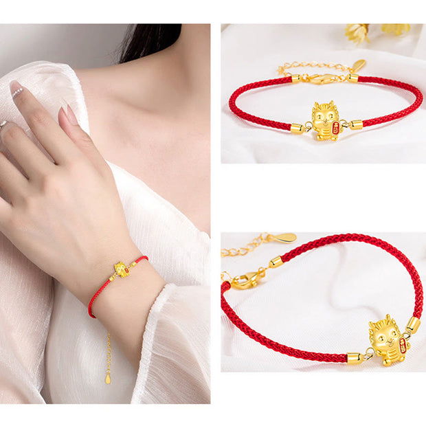 Buddha Stones 925 Sterling Silver Year Of The Dragon Lucky Golden Dragon Strength Red Rope Chain Bracelet